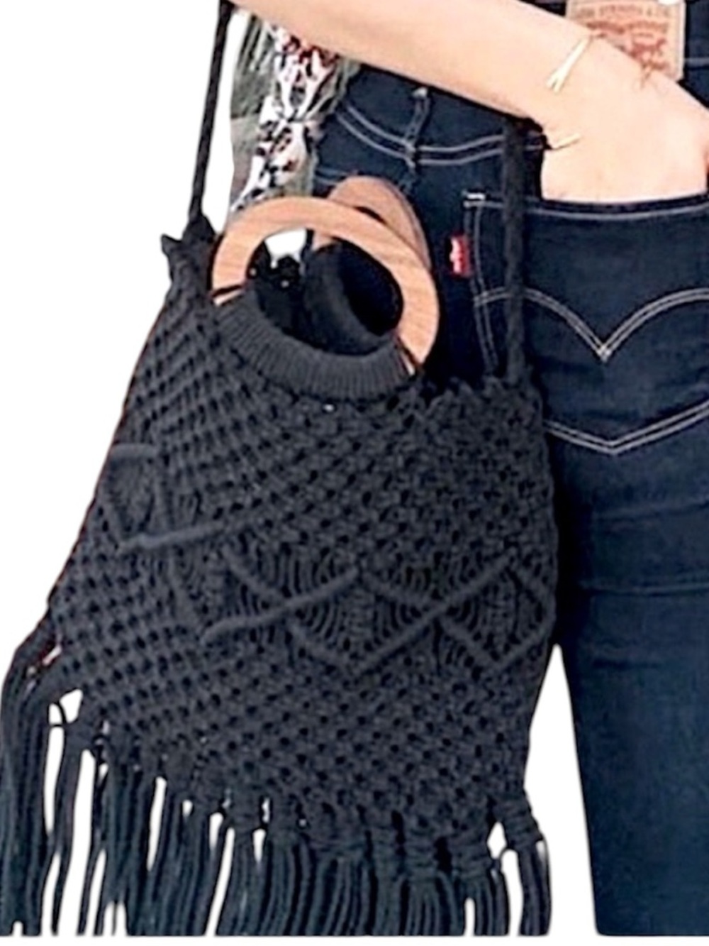Danielle Nicole Black Macrame Boho Fringe Crochet Woven Festival Crossbody  Bag